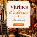 Vitrine décorée avec des éléments d'automne, incluant des courges et des feuilles colorées.