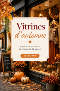 Vitrine décorée avec des éléments d'automne, incluant des courges et des feuilles colorées.