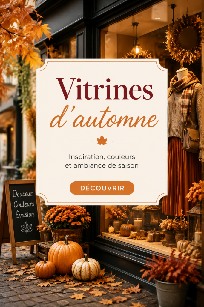 Vitrine décorée avec des éléments d'automne, incluant des courges et des feuilles colorées.