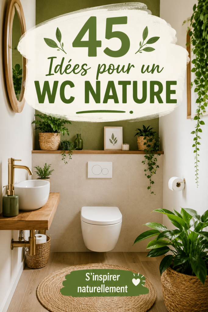 Décoration de WC inspirée par la nature avec des plantes et des matériaux naturels.