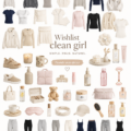 Femme souriante entourée de produits sains et minimalistes pour un quotidien clean.