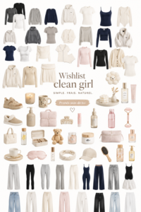 Femme souriante entourée de produits sains et minimalistes pour un quotidien clean.