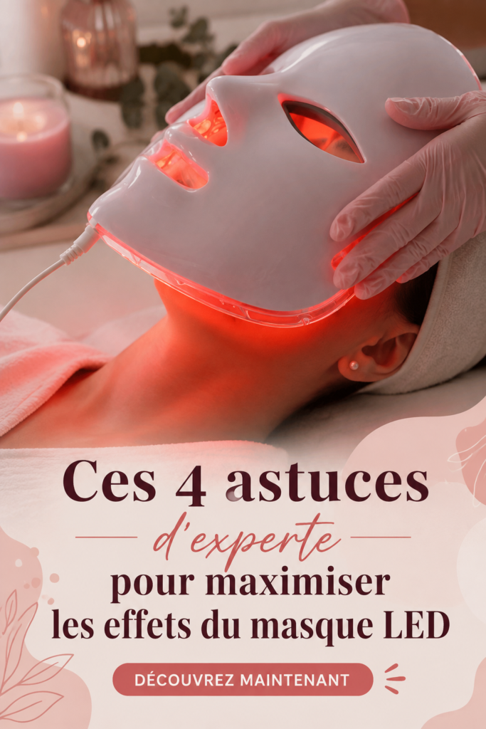 Femme utilisant un masque LED pour le soin de la peau, lumière rouge activée, ambiance cosy
