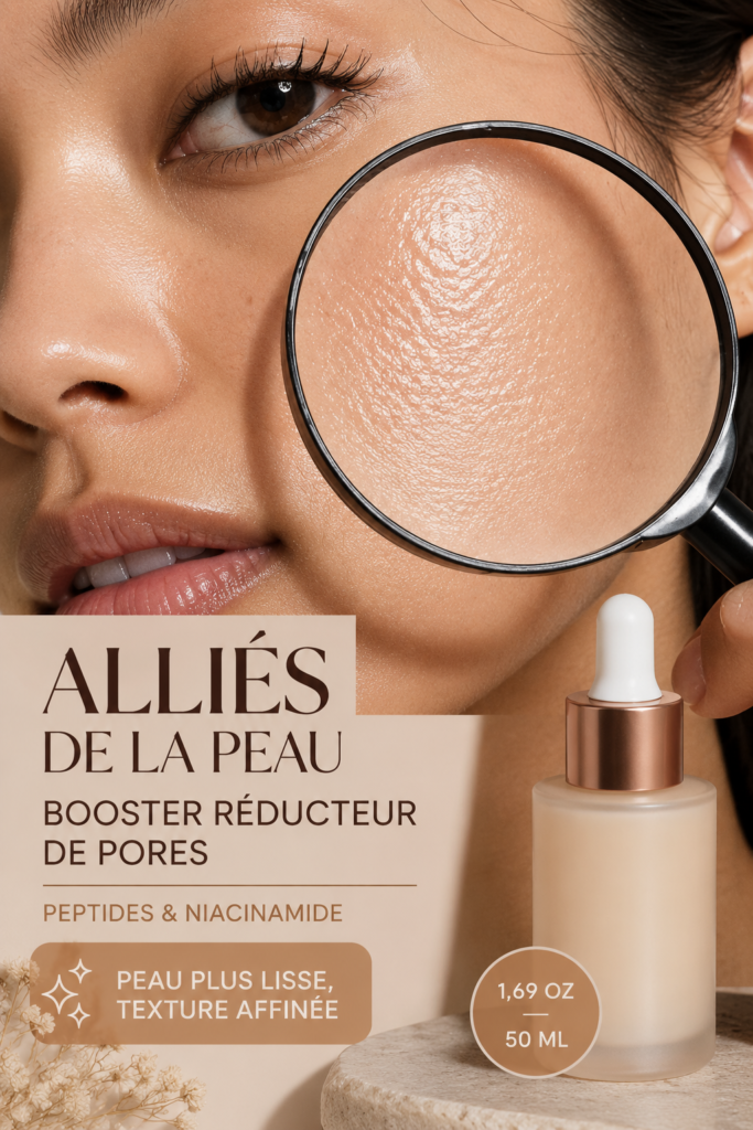 Booster de pores Peptides & Niacinamide d'Allies of Skin sur une coiffeuse en bois, accompagné de produits de beauté.