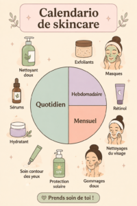 Un calendrier de soins de la peau coloré et bien structuré avec des produits de beauté