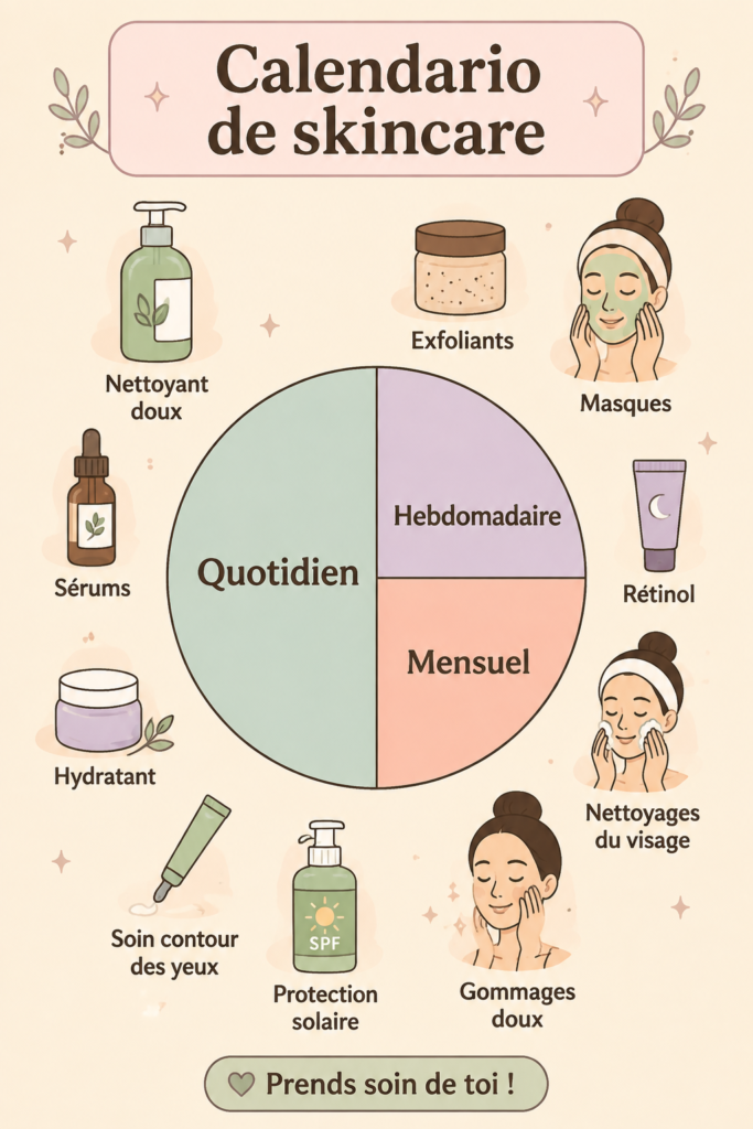 Un calendrier de soins de la peau coloré et bien structuré avec des produits de beauté