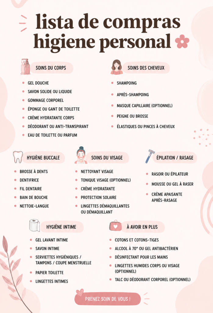 Une collection de produits de soins personnels disposés sur une table, illustrant l'hygiène personnelle.