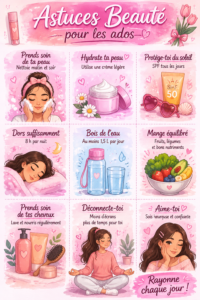 Conseils de beauté pour adolescentes avec des produits cosmétiques et des accessoires.
