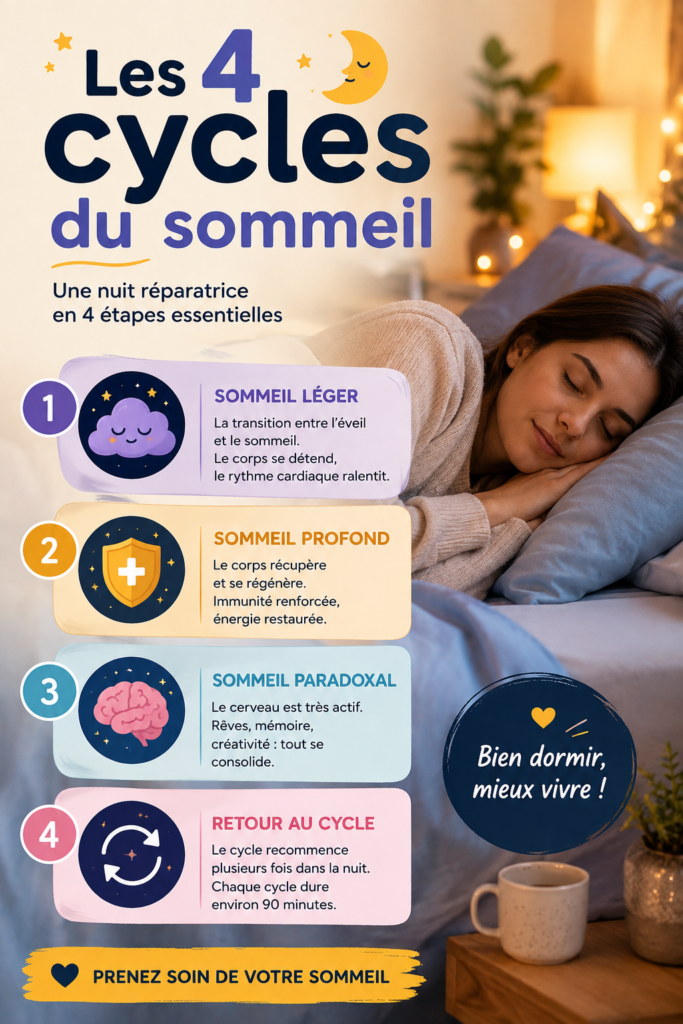 Illustration des 4 cycles du sommeil avec des infographies colorées