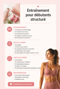 Femme débutante s'entraînant à la maison en suivant un programme structuré, montrant des exercices adaptés.