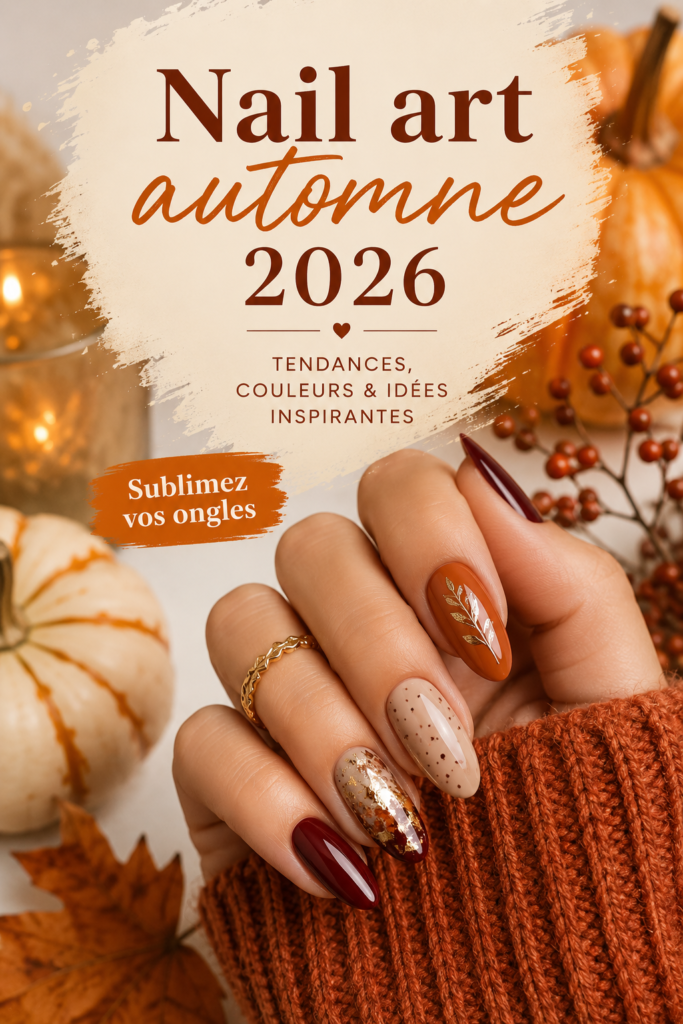 Exemples de nail art automnal avec des couleurs chaudes et des motifs stylisés.