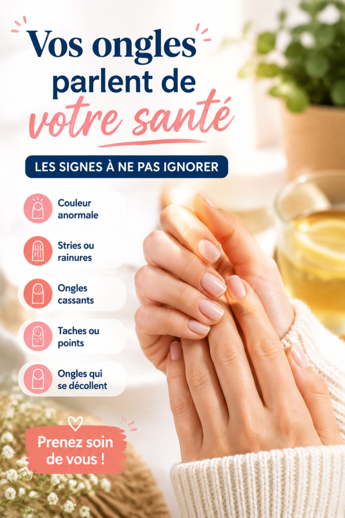 Image d'ongles en bonne santé, avec un vernis coloré, illustrant le lien entre beauté et santé.