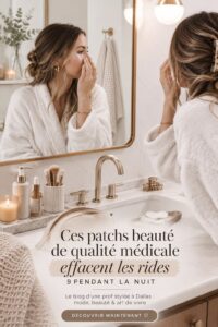Patchs anti-rides posés sur un bureau avec des produits de beauté.