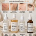 Sélection de produits de beauté sur une table avec des fleurs