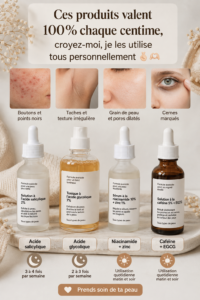 Sélection de produits de beauté sur une table avec des fleurs