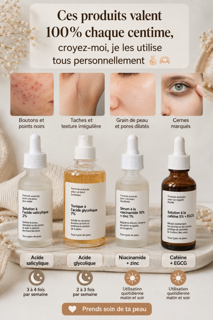 Sélection de produits de beauté sur une table avec des fleurs