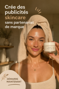 Femme créant une publicité pour un produit de soin dans son bureau, ambiance esthétique et chaleureuse
