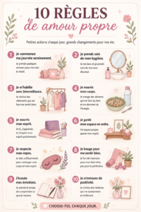 Femme souriante apportant une attention douce à elle-même, symbole de l'amour de soi.