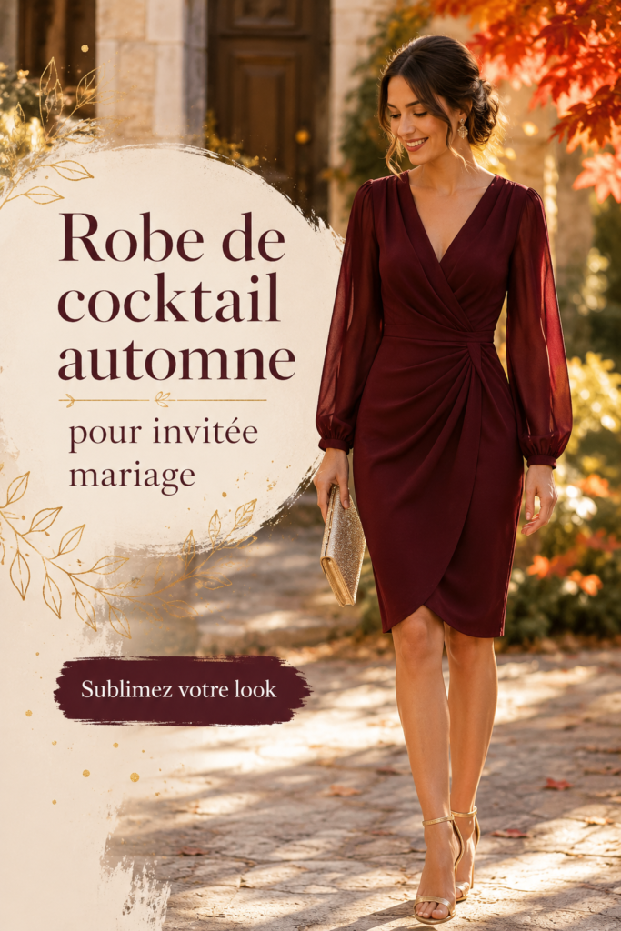 Femme portant une robe de cocktail élégante pour un mariage d'automne.
