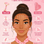 Roller et gua sha sur une table en bois avec des plantes en arrière-plan, représentant des accessoires de soins de la peau.