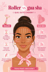 Roller et gua sha sur une table en bois avec des plantes en arrière-plan, représentant des accessoires de soins de la peau.