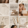 L'image montre divers modèles de soins de beauté sur un fond lumineux.