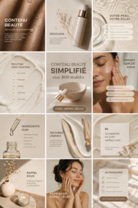 L'image montre divers modèles de soins de beauté sur un fond lumineux.