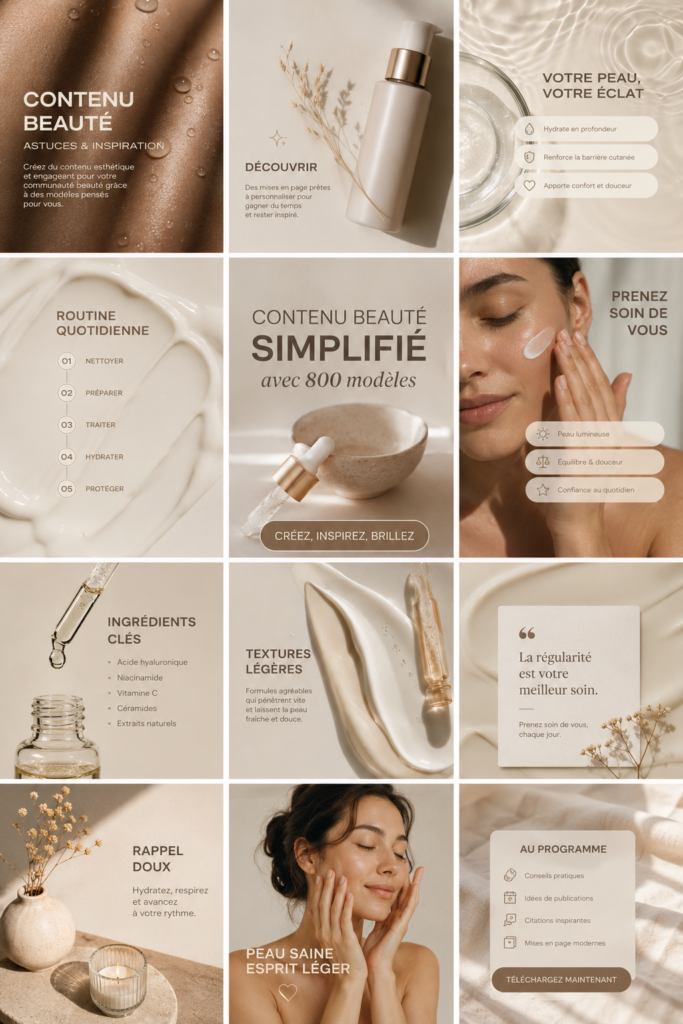 L'image montre divers modèles de soins de beauté sur un fond lumineux.