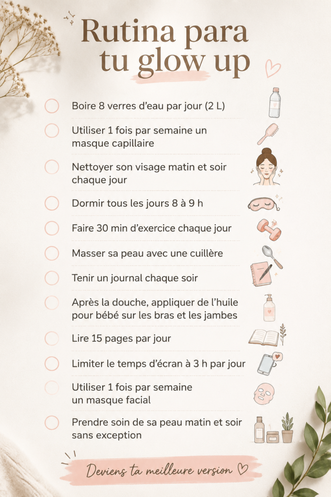 Femme se regardant dans le miroir avec un teint radieux après sa routine beauté.