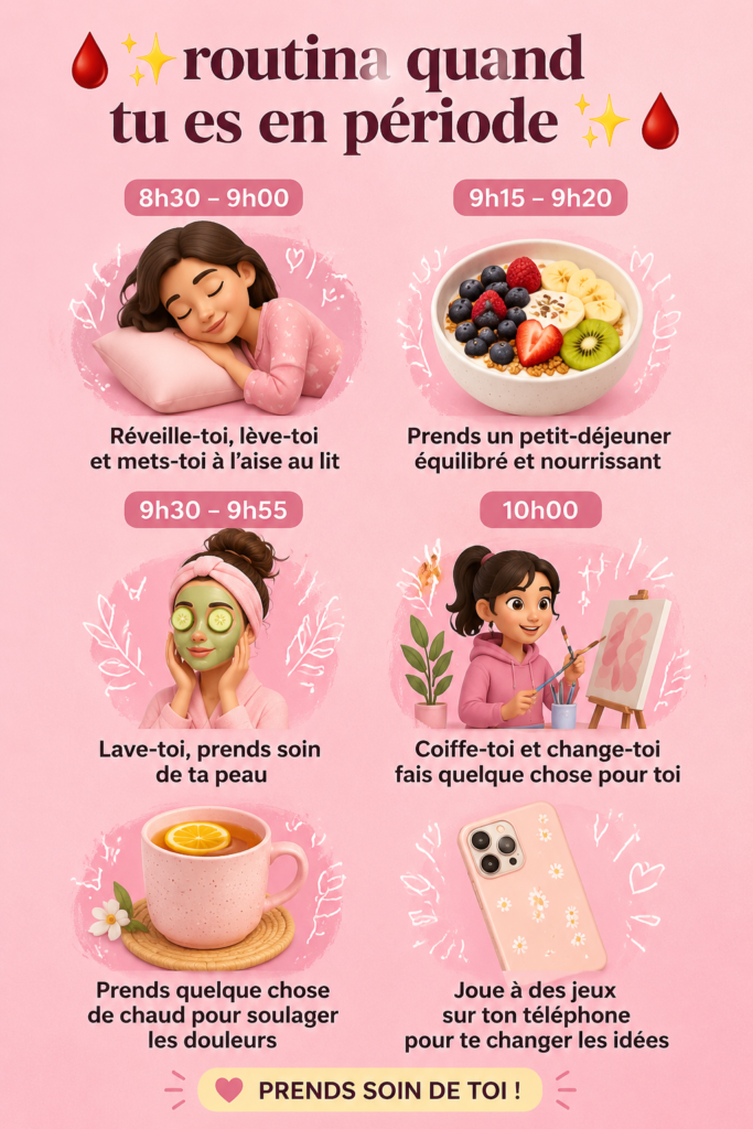 Femme prenant soin de sa peau pendant ses règles avec des produits de beauté apaisants.