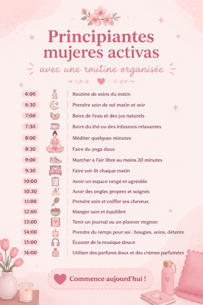 Femme active établissant une routine de bien-être sereine et organisée.