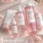Une femme appliquant des produits de soin sur son visage pour obtenir une peau rose et lumineuse.