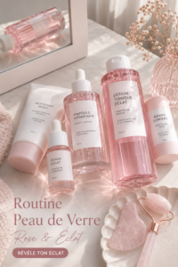 Une femme appliquant des produits de soin sur son visage pour obtenir une peau rose et lumineuse.