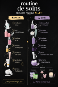 Femme appliquant des produits de soins sur son visage, mettant en avant l'importance d'une routine skincare.
