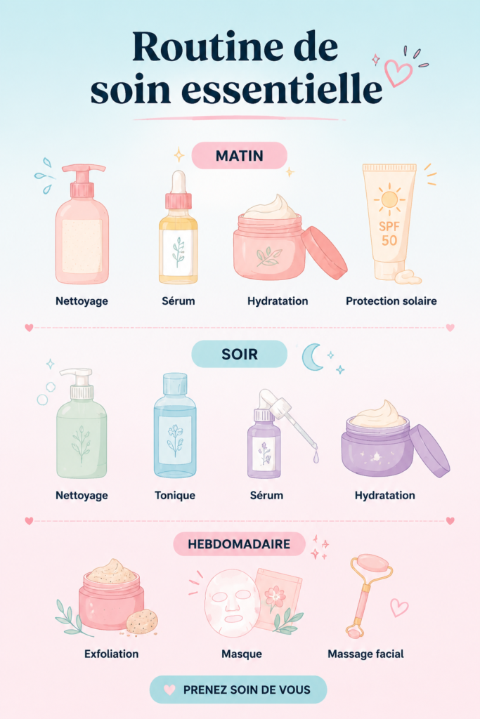 Femme appliquant des produits de soin sur son visage