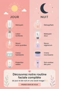 Routine de soins du visage complète pour le jour et la nuit, avec produits bien alignés