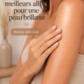 Femme souriante avec une peau éclatante et radieuse, mettant en valeur des soins de beauté naturels.