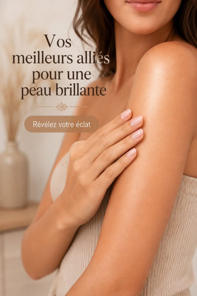 Femme souriante avec une peau éclatante et radieuse, mettant en valeur des soins de beauté naturels.