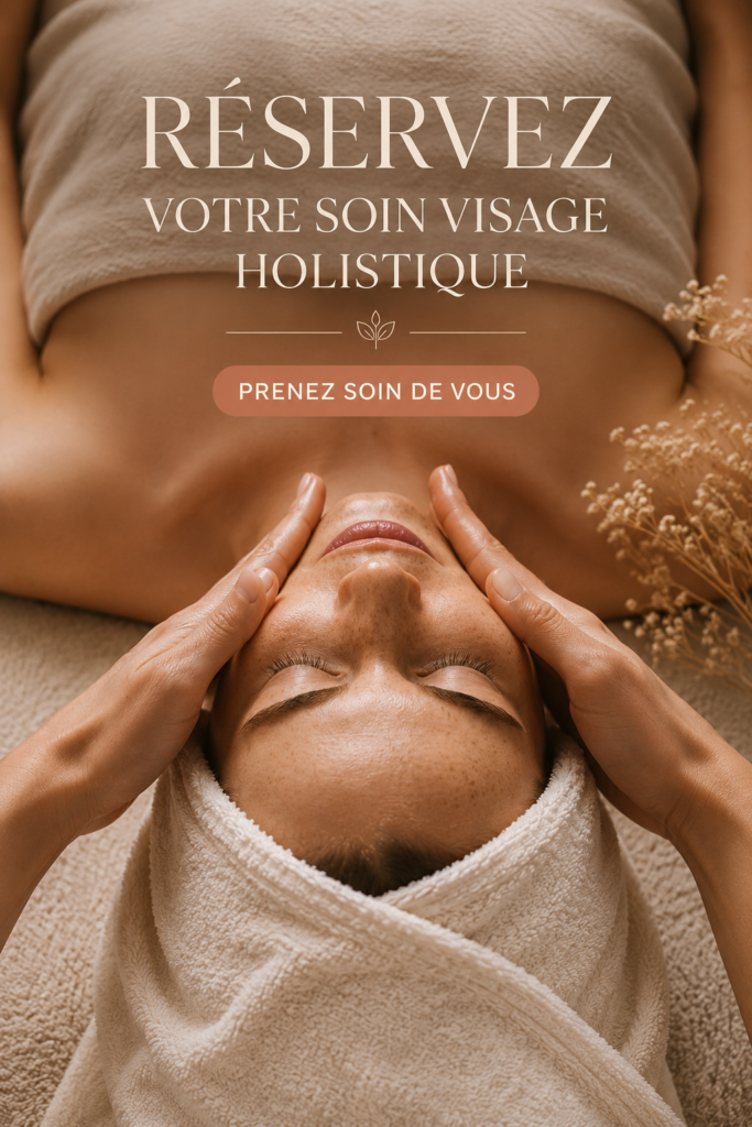Femme recevant un soin du visage holistique dans un cadre apaisant.