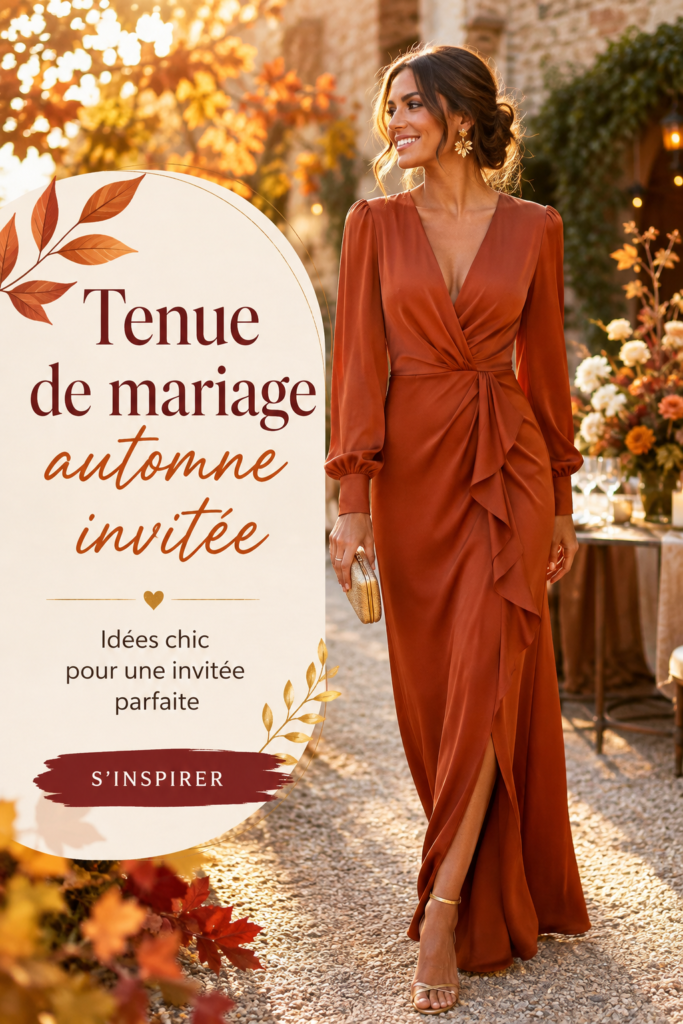 Tenue élégante d'invitée pour un mariage d'automne avec des couleurs chaudes