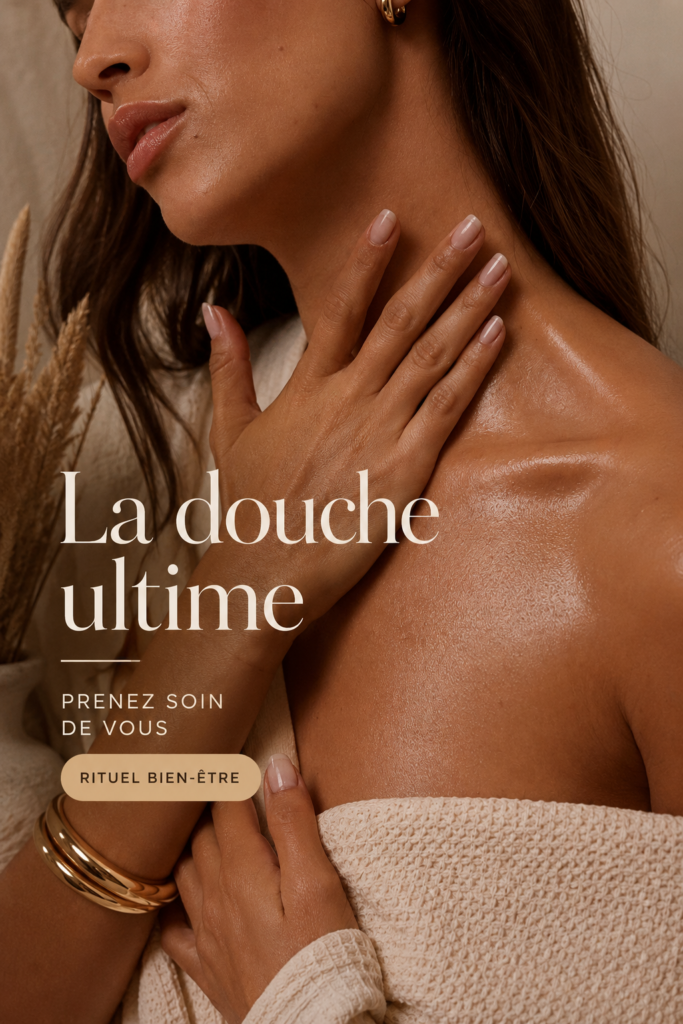 Femme se relaxant sous une douche apaisante avec des produits de soins naturels.