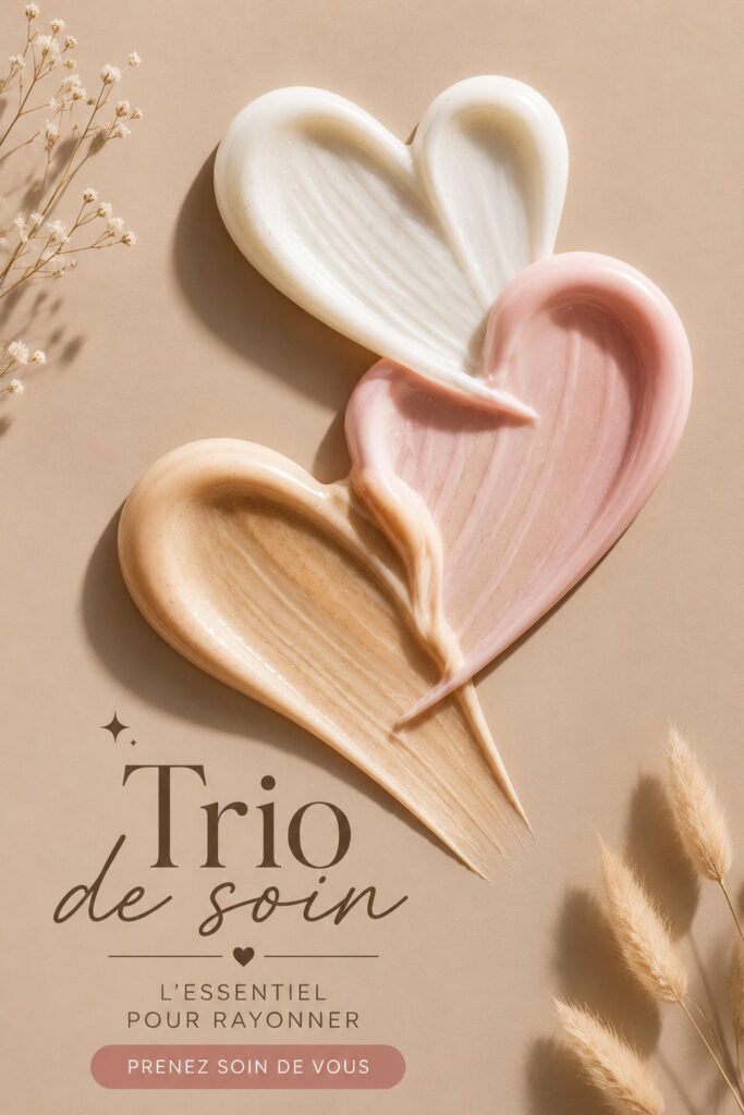 Trio de soins pour un éclat naturel de la peau, comprenant un nettoyant, un sérum, et une crème hydratante.