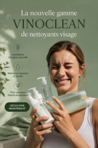 Gamme de nettoyants VINOCLEAN de Caudalie sur une table en bois