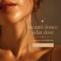 Femme avec un maquillage doux et doré, mettant en avant son éclat naturel.