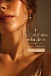 Femme avec un maquillage doux et doré, mettant en avant son éclat naturel.