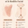 Un Gua Sha et un roller facial présentés sur un fond floral doux.