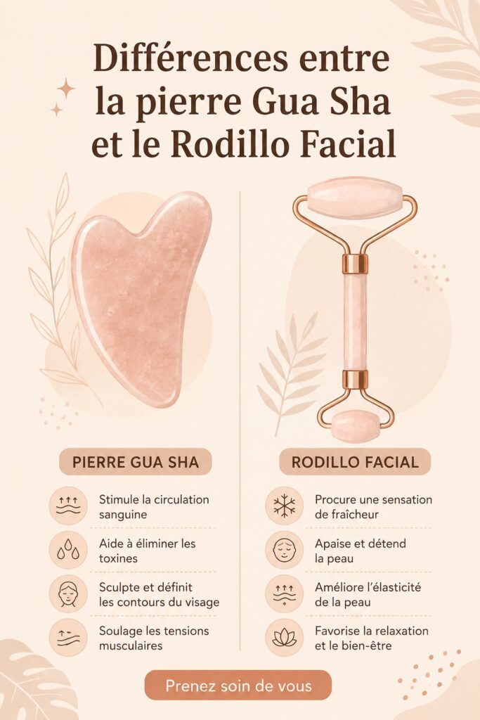 Un Gua Sha et un roller facial présentés sur un fond floral doux.