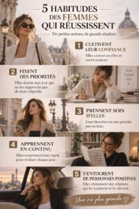 5 habitudes essentielles pour réussir au féminin, sur fond inspirant
