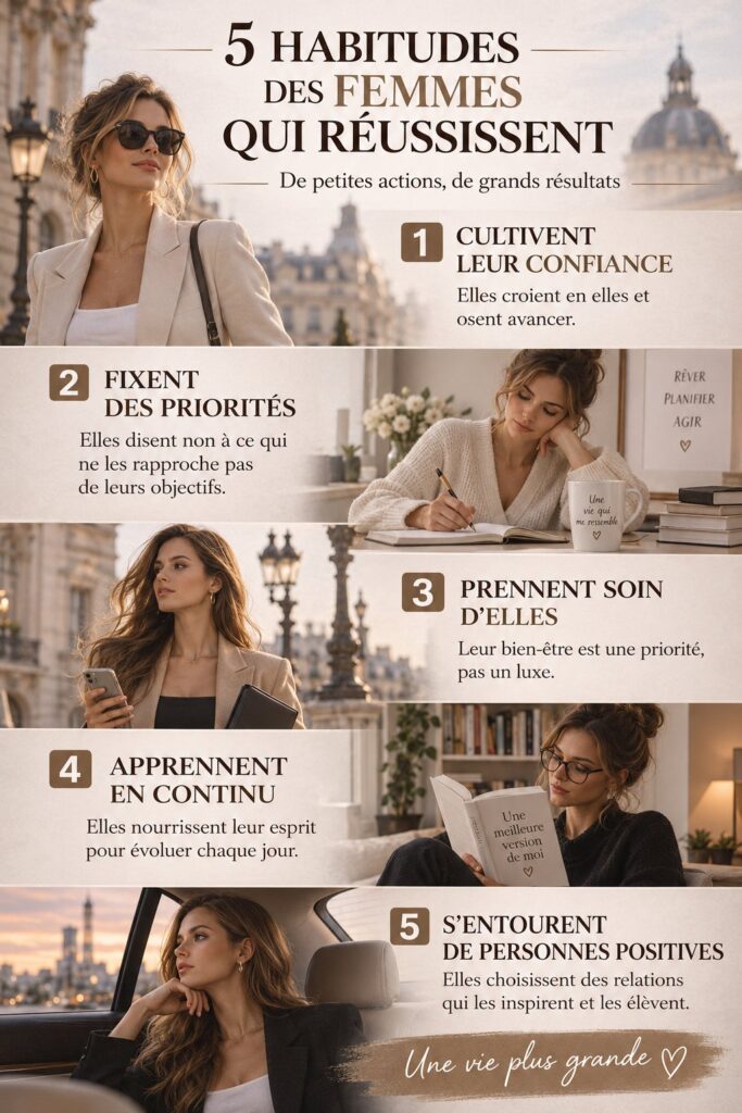 5 habitudes essentielles pour réussir au féminin, sur fond inspirant
