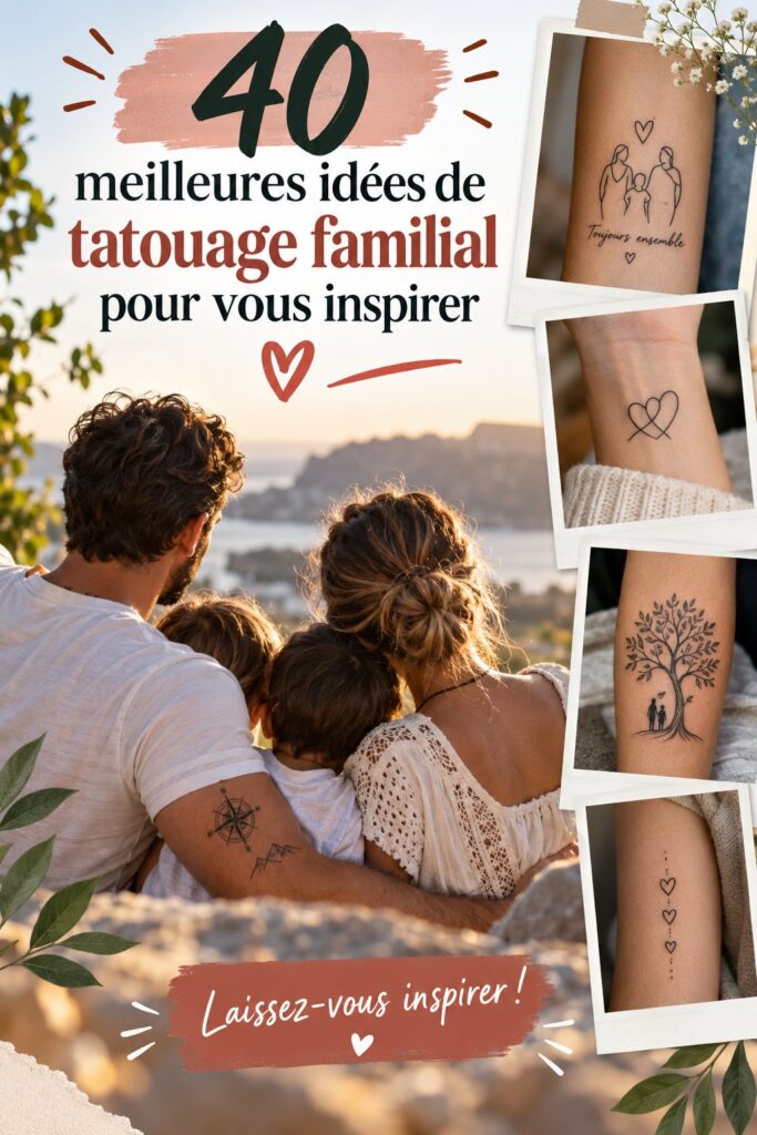 Un montage artistique de tatouages familiaux représentant des symboles de l'amour et de l'unité